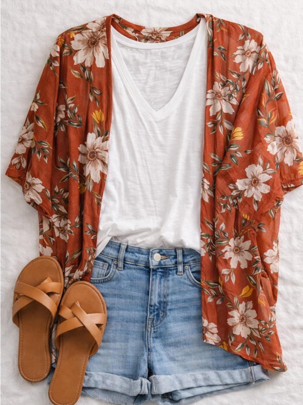 Rust Floral Kimono (S) & White V-Neck Tee(M)